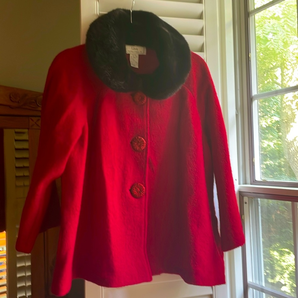 Lisa International Red Wool Coat with Black Fur Collar
